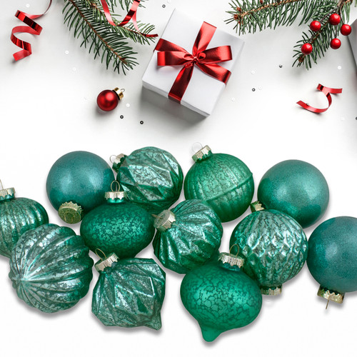 Set of 12 Green Finial and Glass Ball Christmas Ornaments