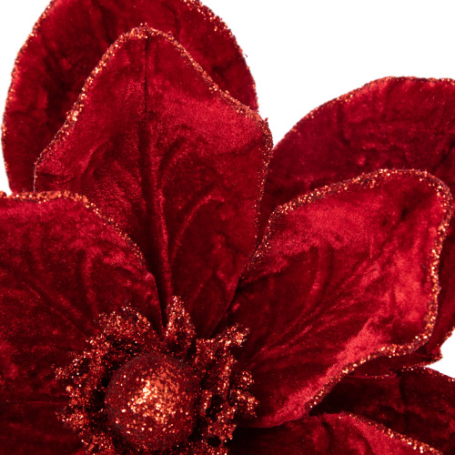 24" Red Velvet Glittered Magnolia Christmas Stem Spray
