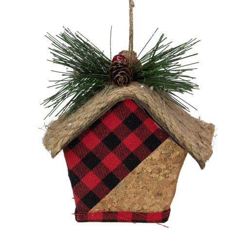 5.75" Red and Black Buffalo Plaid Hanging Bird House Christmas Ornament