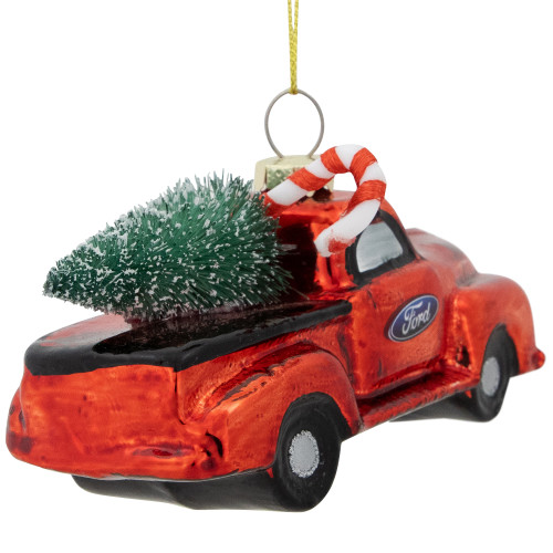 4" Red Vintage Ford Truck with Frosted Tree Glass Christmas Ornament
