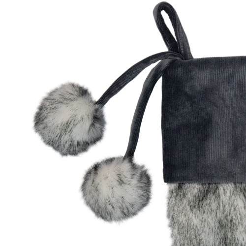 20.5-Inch Gray Faux Fur Christmas Stocking with Corduroy Cuff and Pom Poms