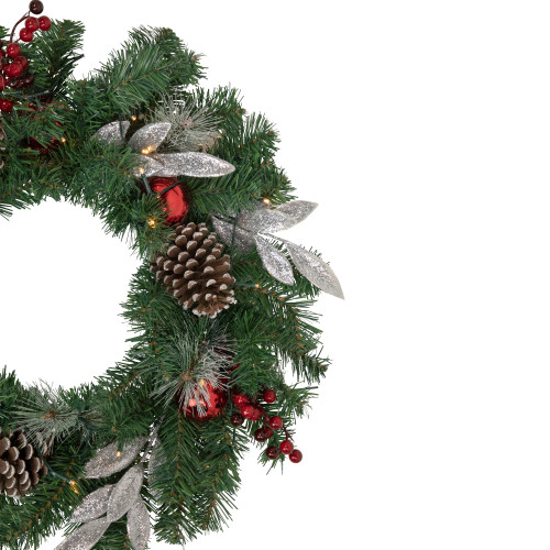 Pre-Lit Battery Operated Frosted Pine Cone and Berries Christmas Wreath - 24" - White LED Lights