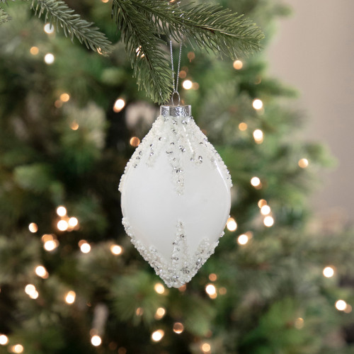 5" White Beaded and Silver Sequins Christmas Glass Finial Ornament