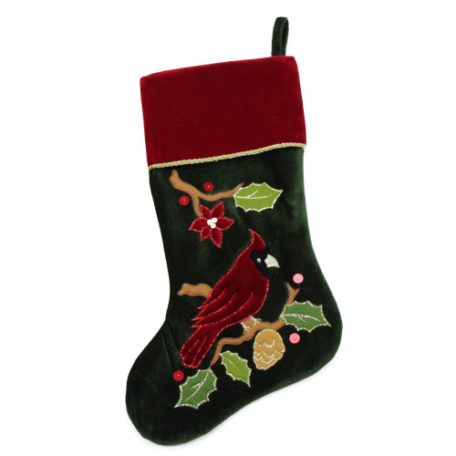 20.5" Red and Green Cardinal Embroidered Christmas Stocking