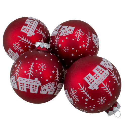 Matte Glass City Scene Christmas Ball Ornaments - 3.25" (80mm) - Red - Set of 4