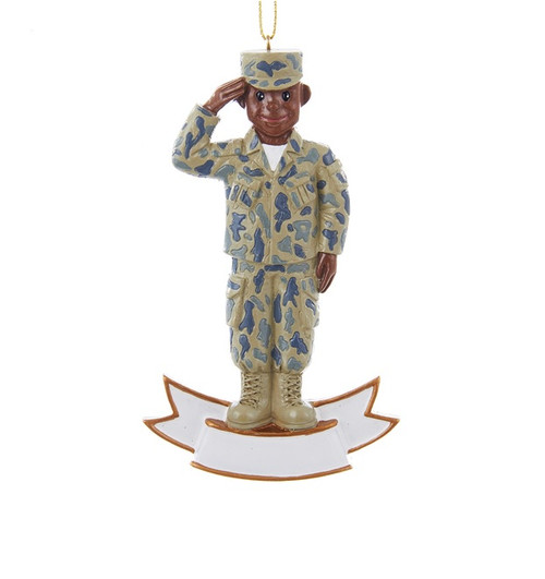 4.25" Blue and Brown Army Uniformed Soldier Saluting Christmas Ornament