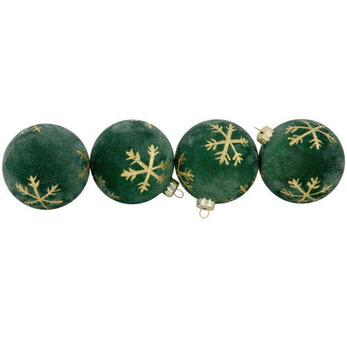 4ct Green Velvet Glass Christmas Ball Ornaments with Gold Snowflakes 3" (80mm)