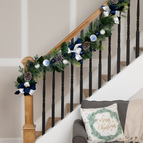 Frosted Pine with Blueberries, Bows and Ornaments Christmas Garland - 6' x 8" - Unlit