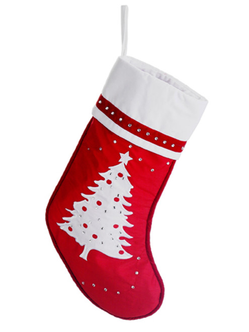 22" Red and White Embroidered Tree with Rhinestones Christmas Stocking