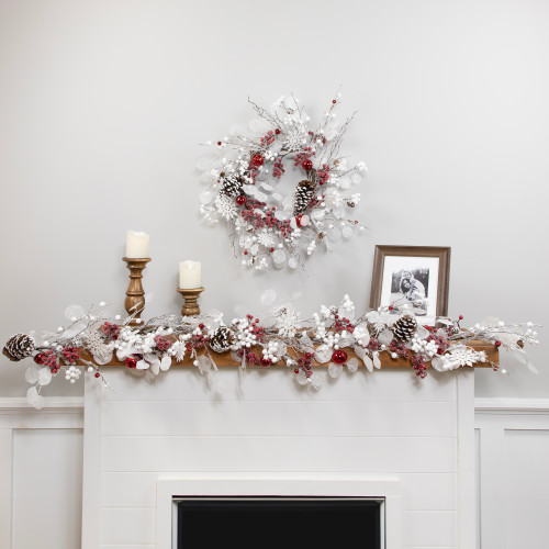 Berries and Snowflakes Artificial Christmas Garland - 6' x 8" - Red and White - Unlit