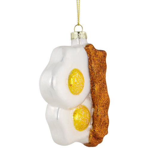 3.75" Eggs and Bacon Glittered Glass Christmas Hanging Ornament