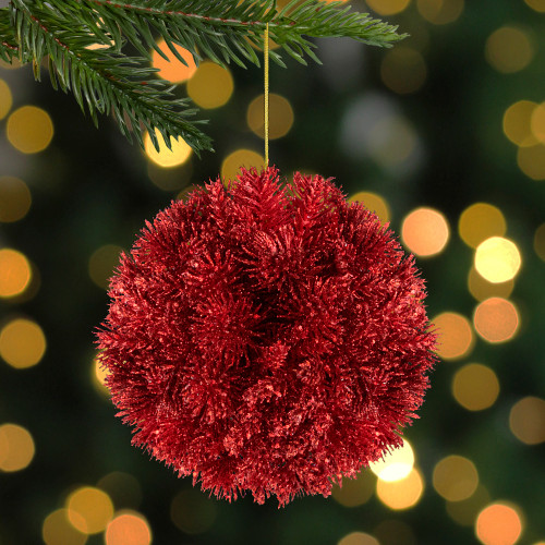 6" Red Glittered Pine Christmas Ball Ornament