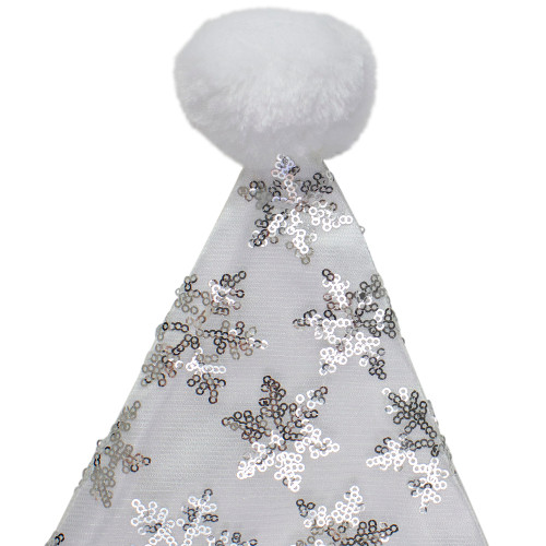 21" Silver and White Sequin Snowflake Christmas Santa Hat Costume Accessory - Medium