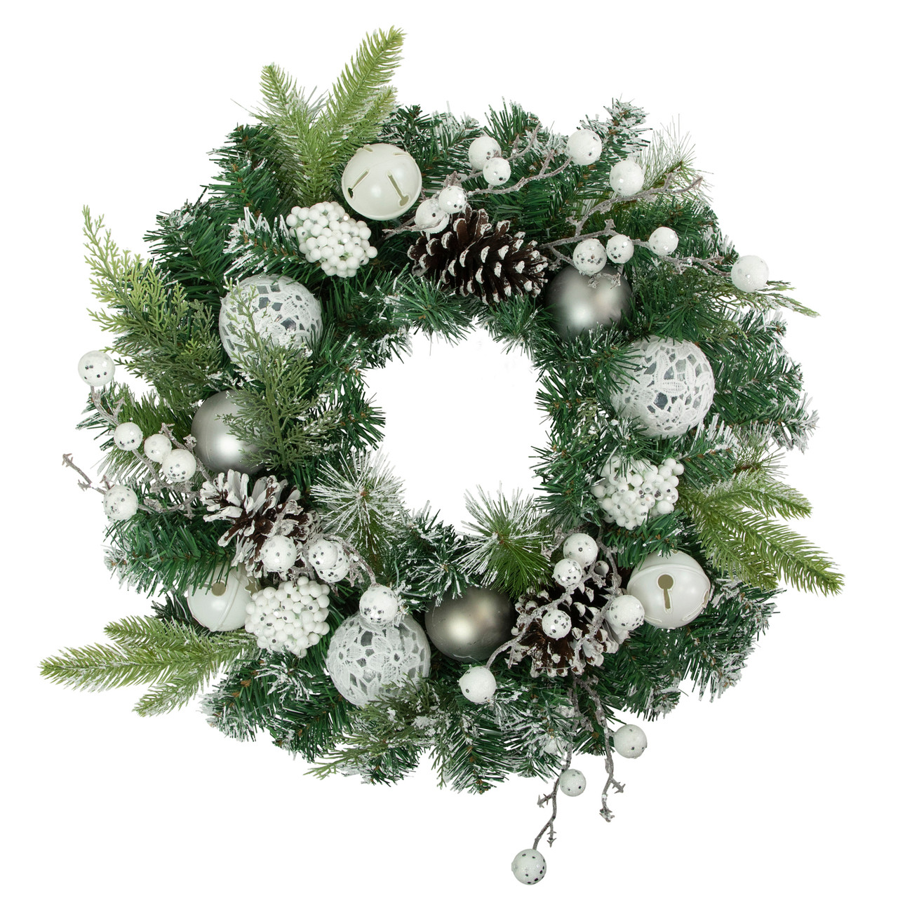 Green Pine Frosted Artificial Christmas Wreath with Laced Ornaments, 24-Inch, Unlit