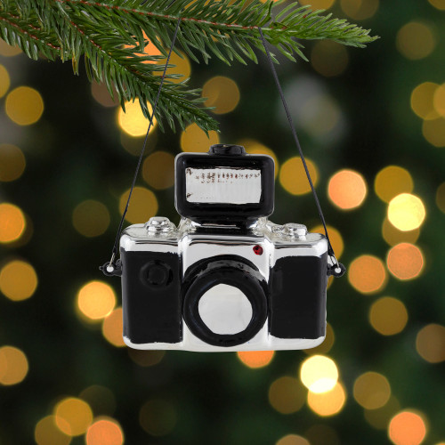 4" Black Retro Camera Glass Christmas Ornament