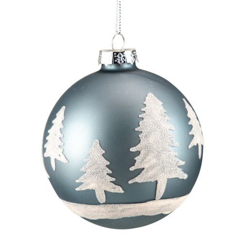 4" Slate Blue with Glittered Trees Glass Ball Christmas Ornament