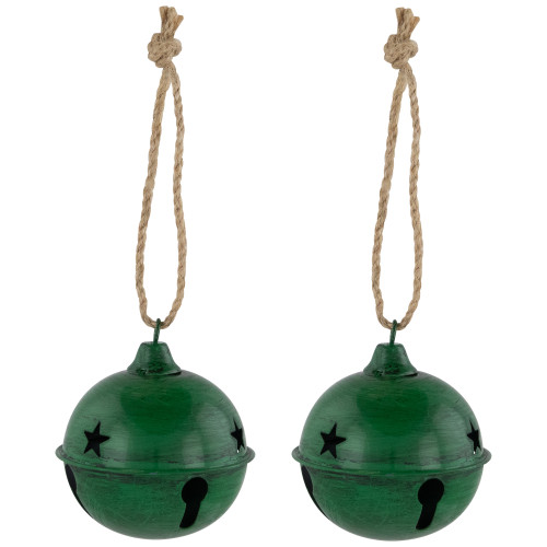 Antiqued Christmas Jingle Bells Ornaments - 3" - Green - Set of 2