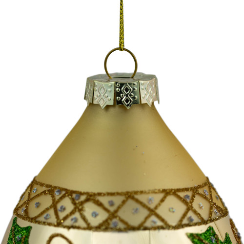 Set of 2 Golden Glitter Holly Finial Christmas Glass Ornaments 5"