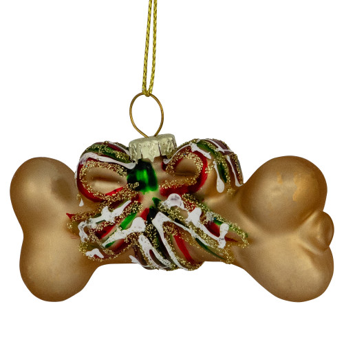 3.25" Gold Dog Bone with Bow Glass Christmas Ornament