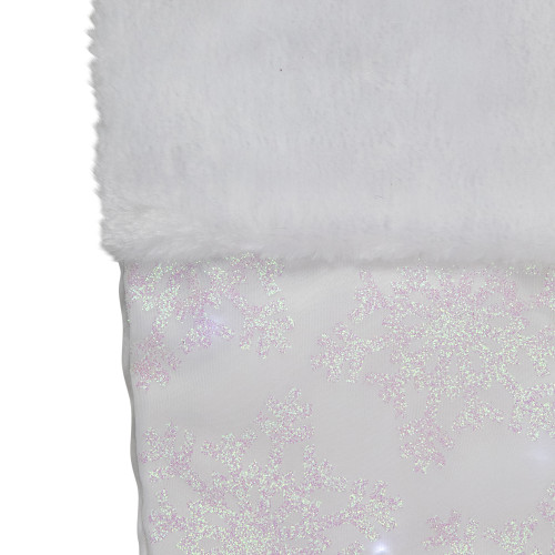 22" LED Lighted White Iridescent Glittered Snowflake Christmas Stocking
