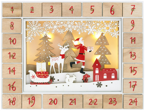 BRUBAKER Reusable Wooden Advent Calendar to Fill - Santa Claus in the Forest with LED Lighting - DIY Christmas Calendar 13.98 x 2.36 x 10.63 inches