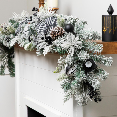 Flocked Pine with Harlequin Ornaments and Bows Artificial Christmas Garland - 6' x 8" - Unlit
