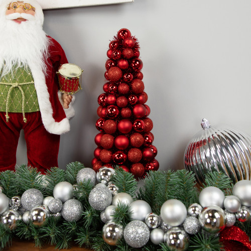 3-Finish Shatterproof Ball Christmas Tree with Tinsel - 15.75" - Red