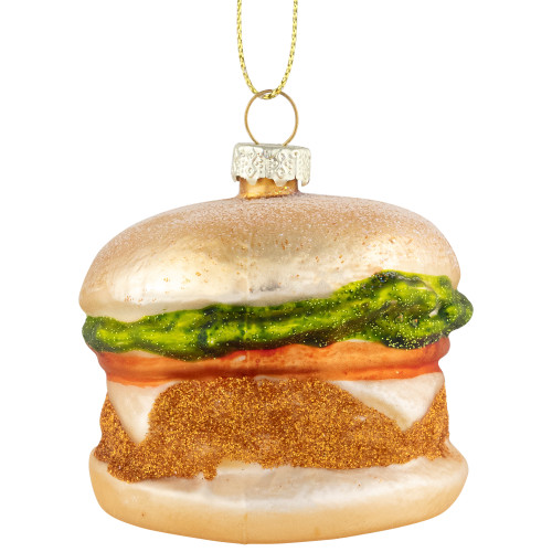 2.5" Glittered Golden Cheeseburger Glass Hanging Christmas Ornament