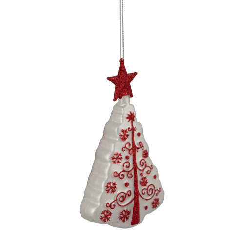 6" White and Red Christmas Tree Glass Ornament