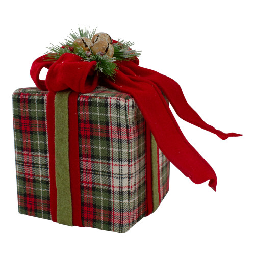 9" Red and Green Plaid Christmas Present Decoration with Bow