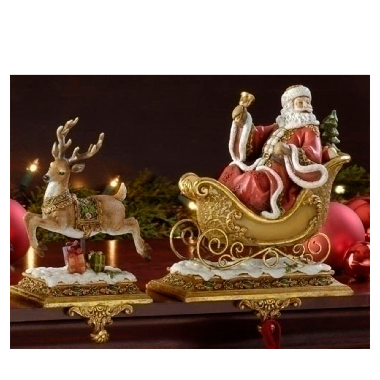 Set of 2 Brown and Red Santa Claus with Reindeer Christmas Stocking Holders 9.5"