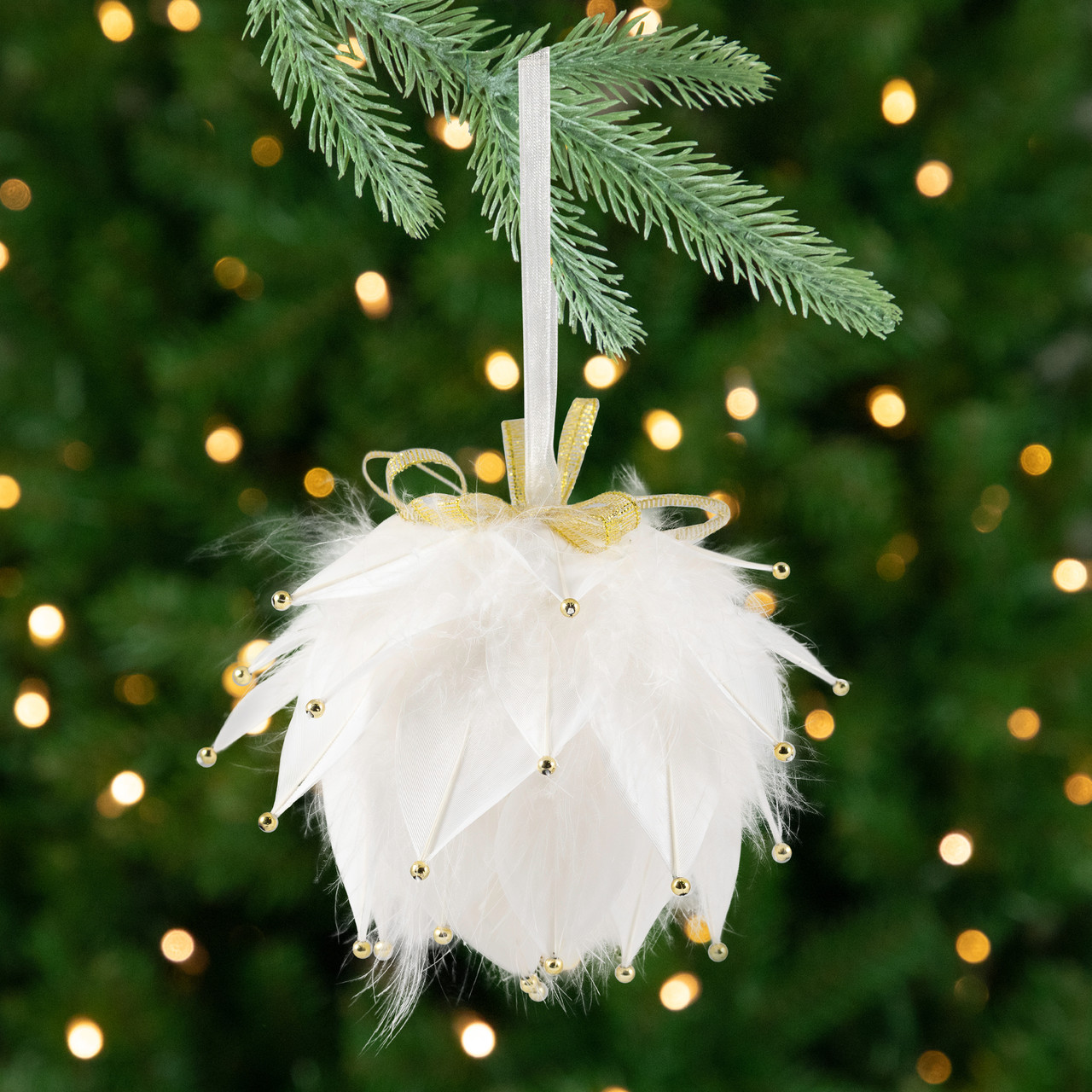 Feathers with Bead Accents Christmas Ball Ornament - 5" - White