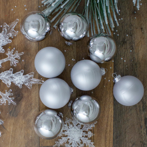 9ct Silver 2-Finish Glass Christmas Ball Ornaments 2.5" (65mm)