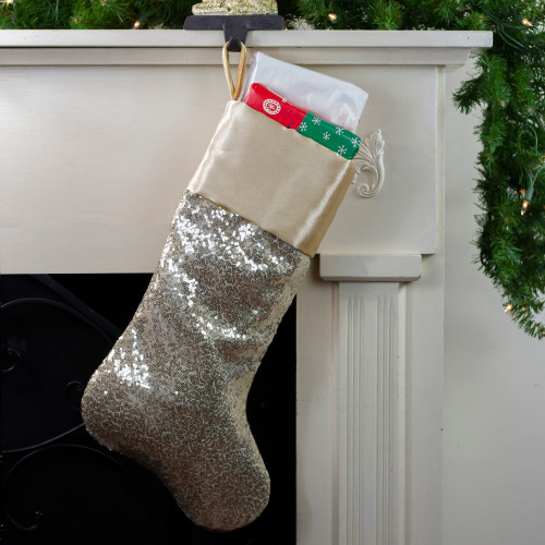 22" Golden Metallic Sequined Christmas Stocking with Satin Cuff