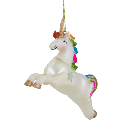 4.5" White Unicorn with Rainbow Mane Glittered Christmas Glass Ornament