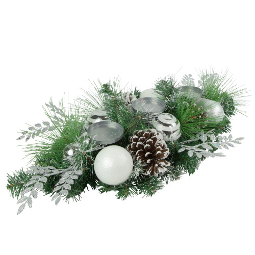 30" Green Pine and Needle Triple Candle Holder with Pinecones and Christmas Ornaments