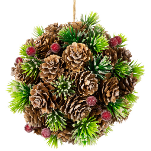 Frosted Pinecones, Berries and Pine Sprigs Christmas Ball Ornament - 5"