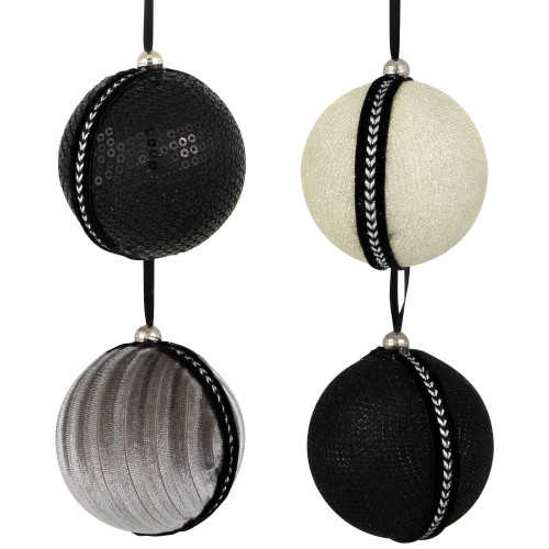 Sequin and Glitter Christmas Ball Ornaments with Ribbon - 2.75" - Black - Set of 4