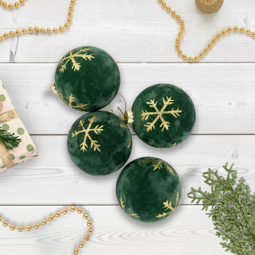 4ct Green Velvet Glass Christmas Ball Ornaments with Gold Snowflakes 3" (80mm)