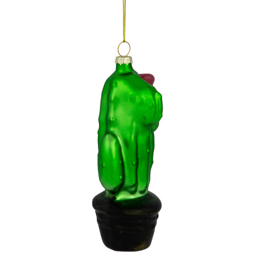 5" Green Cactus with Pink Flower Glass Christmas Ornament