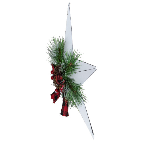 17" White 5 point Christmas Star With Plaid Ribbon with Artificial Pine
