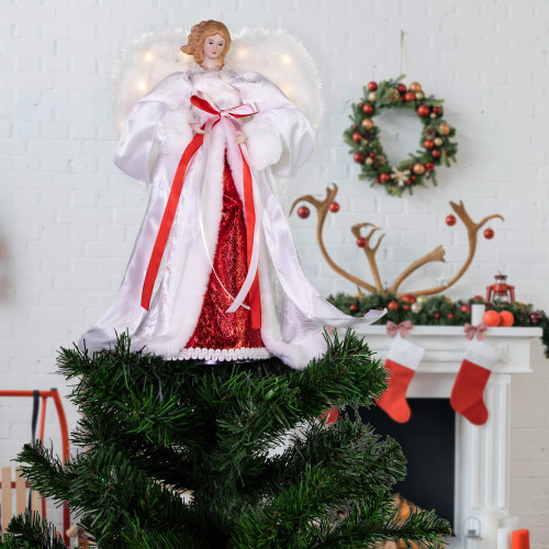 14" White and Red Angel with Lighted Wings Christmas Tree Topper