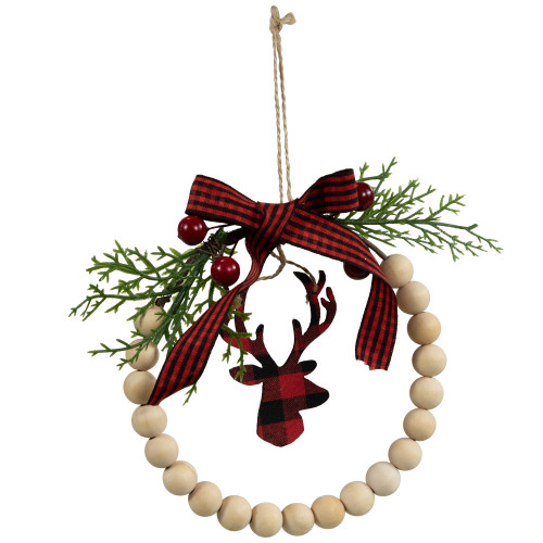 Plaid Reindeer with Pine and Berries Christmas Wreath Ornament - 7.5"