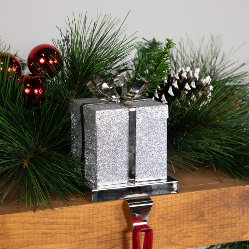 5.5" Silver Glitter Gift Box with Bow Christmas Metal Stocking Holder