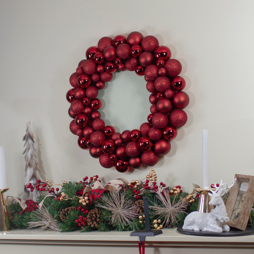 Burgundy 3-Finish Shatterproof Ball Christmas Wreath - 24", Unlit