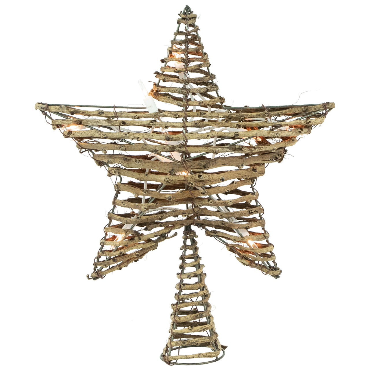 11" Lighted Rattan Twigs Star Christmas Tree Topper- Clear Lights, White Wire