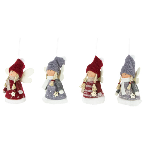 Set of 4 Red and Gray Plush Angel Christmas Ornaments 4.25"