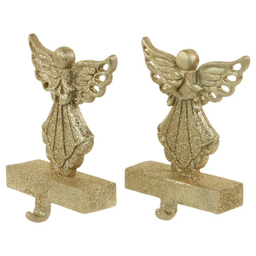 Angel Glittered Christmas Stocking Holders - 5.5" - Gold - Set of 2