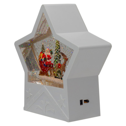 7" Lighted White Star Christmas Snow Globe with Santa in Sleigh