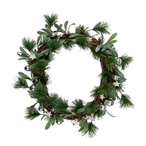 Pine Needle and Silver Ball Ornament Artificial Christmas Wreath, 12-Inch, Unlit